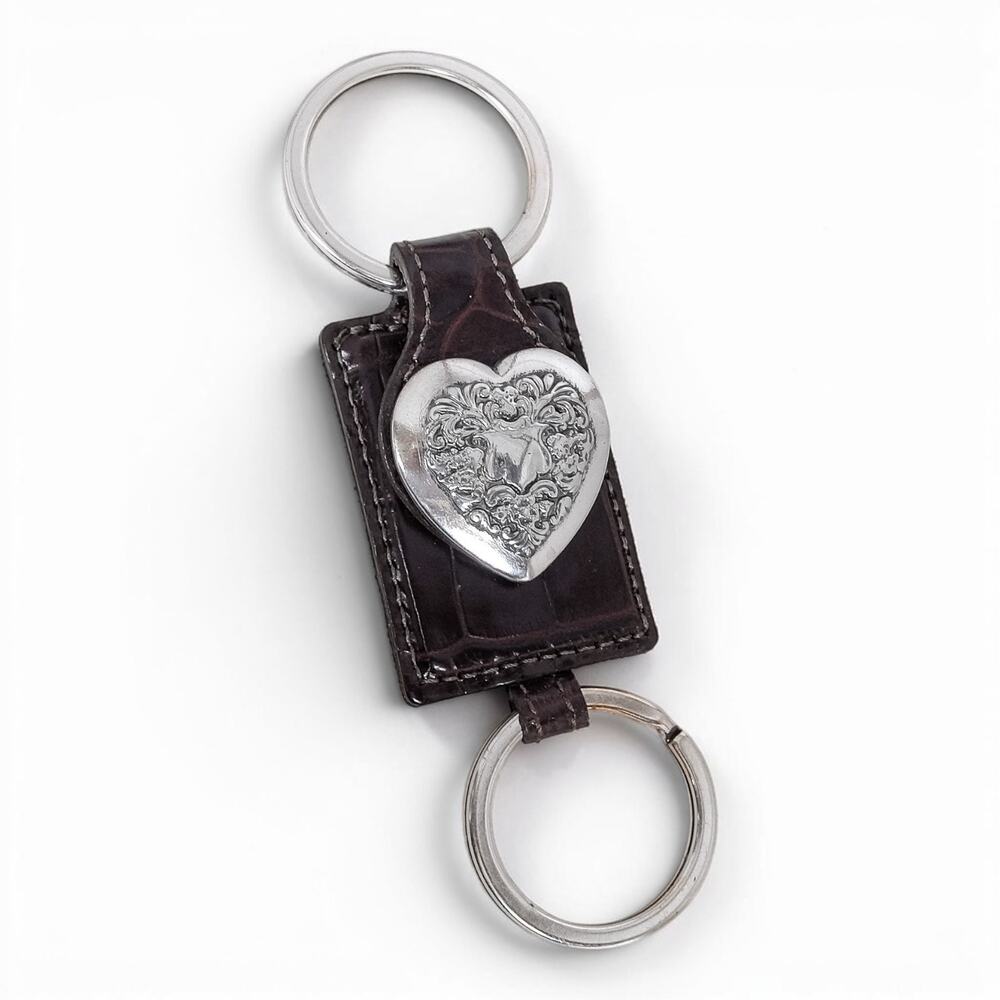 Vintage Brighton Leather Heart Keychain Black Brown Croc Silver Plated Retired